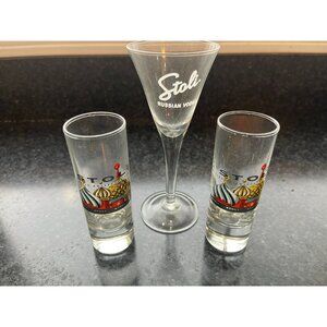 Vtg Set Of 3 Stoli Shot Glasses 2 Red Square Double Shot Glasses One Stem Stoli
